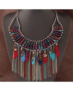 Luxurious Feather and Alloy Tassel Glass Beads Statement Fashion Necklace - Multicolor