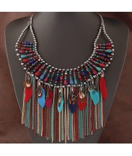 Luxurious Feather and Alloy Tassel Glass Beads Statement Fashion Necklace - Multicolor