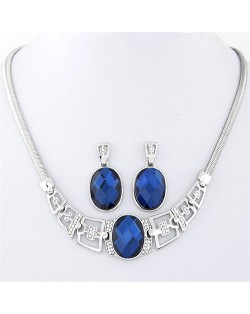Rhinestone and Glass Gem Embellished Geometric Design Snake Chain Necklace and Earrings Set - Silver