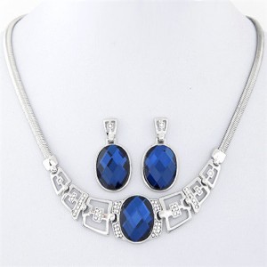 Rhinestone and Glass Gem Embellished Geometric Design Snake Chain Necklace and Earrings Set - Silver