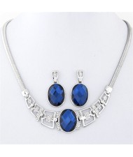 Rhinestone and Glass Gem Embellished Geometric Design Snake Chain Necklace and Earrings Set - Silver