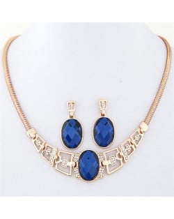 Rhinestone and Glass Gem Embellished Geometric Design Snake Chain Necklace and Earrings Set - Golden