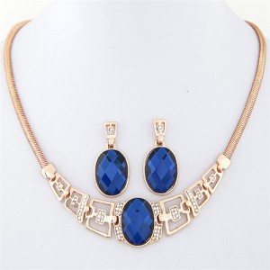 Rhinestone and Glass Gem Embellished Geometric Design Snake Chain Necklace and Earrings Set - Golden