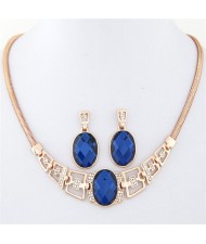 Rhinestone and Glass Gem Embellished Geometric Design Snake Chain Necklace and Earrings Set - Golden