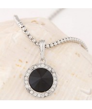 Graceful Czech Rhinestone and Glass Gem Embedded Round Pendant Alloy Fashion Necklace - Black