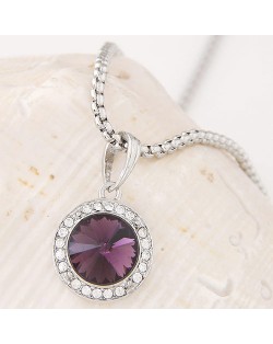 Graceful Czech Rhinestone and Glass Gem Embedded Round Pendant Alloy Fashion Necklace - Purple