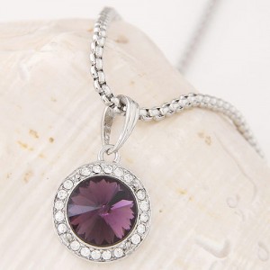 Graceful Czech Rhinestone and Glass Gem Embedded Round Pendant Alloy Fashion Necklace - Purple