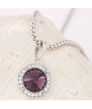 Graceful Czech Rhinestone and Glass Gem Embedded Round Pendant Alloy Fashion Necklace - Purple