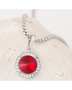 Graceful Czech Rhinestone and Glass Gem Embedded Round Pendant Alloy Fashion Necklace - Red