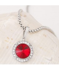 Graceful Czech Rhinestone and Glass Gem Embedded Round Pendant Alloy Fashion Necklace - Red