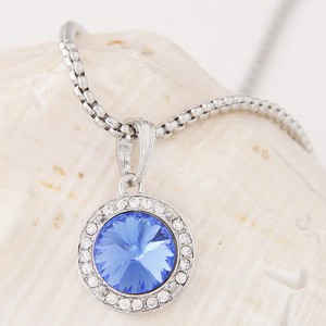 Graceful Czech Rhinestone and Glass Gem Embedded Round Pendant Alloy Fashion Necklace - Blue
