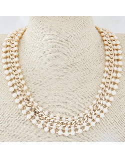 Resin Gems Four Layers Golden Chain Statement Fashion Necklace - White