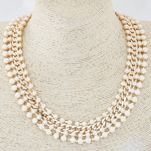 Resin Gems Four Layers Golden Chain Statement Fashion Necklace - White