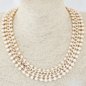 Resin Gems Four Layers Golden Chain Statement Fashion Necklace - White