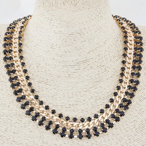 Resin Gems Four Layers Golden Chain Statement Fashion Necklace - Black