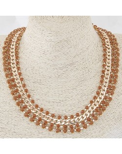 Resin Gems Four Layers Golden Chain Statement Fashion Necklace - Brown