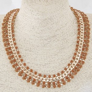 Resin Gems Four Layers Golden Chain Statement Fashion Necklace - Brown