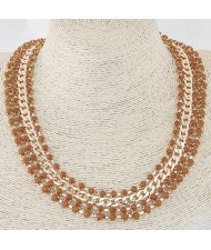 Resin Gems Four Layers Golden Chain Statement Fashion Necklace - Brown