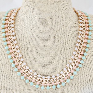 Resin Gems Four Layers Golden Chain Statement Fashion Necklace - Colorful