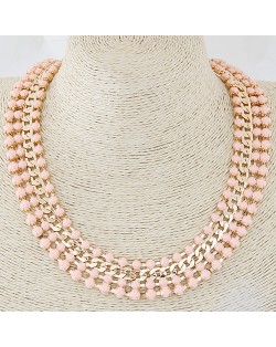 Resin Gems Four Layers Golden Chain Statement Fashion Necklace - Pink