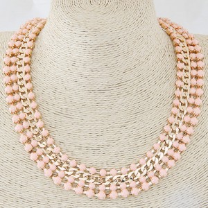 Resin Gems Four Layers Golden Chain Statement Fashion Necklace - Pink