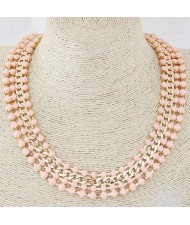 Resin Gems Four Layers Golden Chain Statement Fashion Necklace - Pink