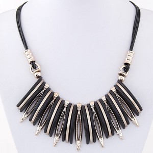 Artistic Bars and Hollow Leaves Pendant Statement Fashion Necklace - Black