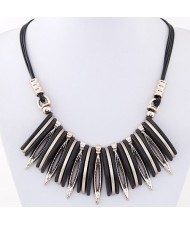 Artistic Bars and Hollow Leaves Pendant Statement Fashion Necklace - Black