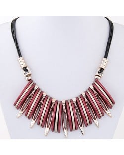 Artistic Bars and Hollow Leaves Pendant Statement Fashion Necklace - Red