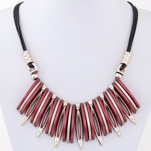 Artistic Bars and Hollow Leaves Pendant Statement Fashion Necklace - Red