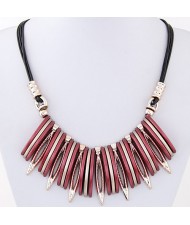 Artistic Bars and Hollow Leaves Pendant Statement Fashion Necklace - Red