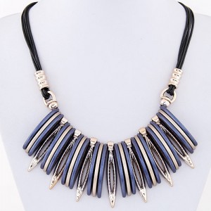 Artistic Bars and Hollow Leaves Pendant Statement Fashion Necklace - Blue