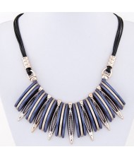 Artistic Bars and Hollow Leaves Pendant Statement Fashion Necklace - Blue
