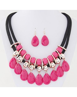 Resin Gem Waterdrops Design Dual Thick Rope Fashion Costume Necklace and Earrings Set - Rose