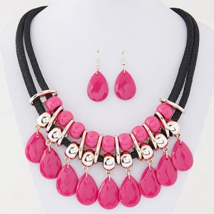 Resin Gem Waterdrops Design Dual Thick Rope Fashion Costume Necklace and Earrings Set - Rose