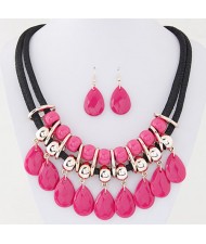 Resin Gem Waterdrops Design Dual Thick Rope Fashion Costume Necklace and Earrings Set - Rose