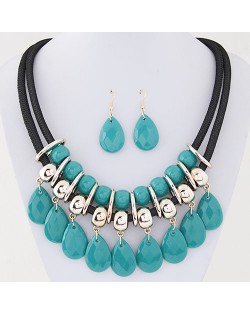 Resin Gem Waterdrops Design Dual Thick Rope Fashion Costume Necklace and Earrings Set - Green
