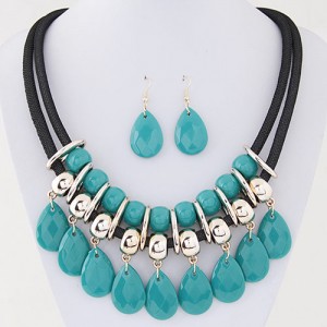 Resin Gem Waterdrops Design Dual Thick Rope Fashion Costume Necklace and Earrings Set - Green