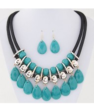 Resin Gem Waterdrops Design Dual Thick Rope Fashion Costume Necklace and Earrings Set - Green