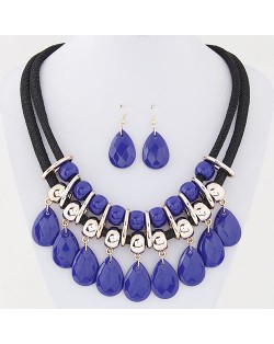 Resin Gem Waterdrops Design Dual Thick Rope Fashion Costume Necklace and Earrings Set - Blue