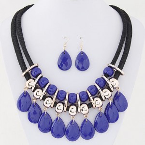 Resin Gem Waterdrops Design Dual Thick Rope Fashion Costume Necklace and Earrings Set - Blue