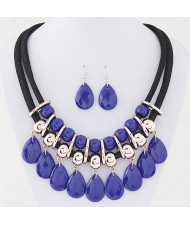 Resin Gem Waterdrops Design Dual Thick Rope Fashion Costume Necklace and Earrings Set - Blue