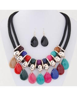 Resin Gem Waterdrops Design Dual Thick Rope Fashion Costume Necklace and Earrings Set - Multicolor