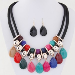 Resin Gem Waterdrops Design Dual Thick Rope Fashion Costume Necklace and Earrings Set - Multicolor