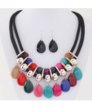 Resin Gem Waterdrops Design Dual Thick Rope Fashion Costume Necklace and Earrings Set - Multicolor
