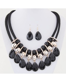 Resin Gem Waterdrops Design Dual Thick Rope Fashion Costume Necklace and Earrings Set - Black
