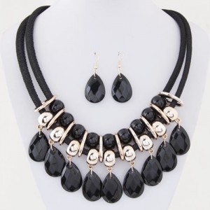 Resin Gem Waterdrops Design Dual Thick Rope Fashion Costume Necklace and Earrings Set - Black
