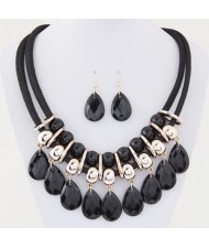 Resin Gem Waterdrops Design Dual Thick Rope Fashion Costume Necklace and Earrings Set - Black