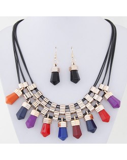 Resin Crystal Shape Pendants with Golden Alloy Decorations Fashion Necklace and Earrings Set - Multicolor