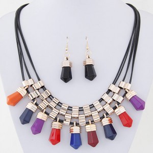 Resin Crystal Shape Pendants with Golden Alloy Decorations Fashion Necklace and Earrings Set - Multicolor